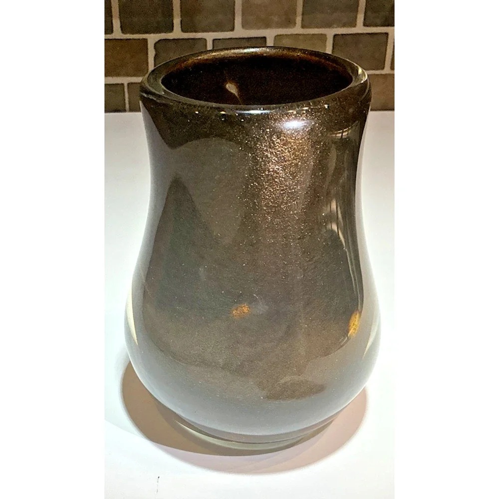 Hand Blown Art Glass Vase Amber Brown Gold Fleck Heavy Murano Style 6”